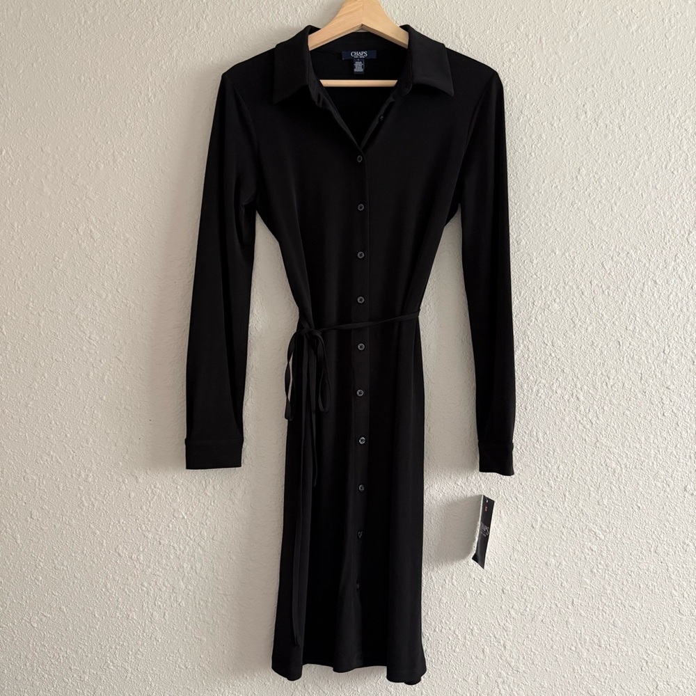 Chaps black faux button down collared shirt dress size 4